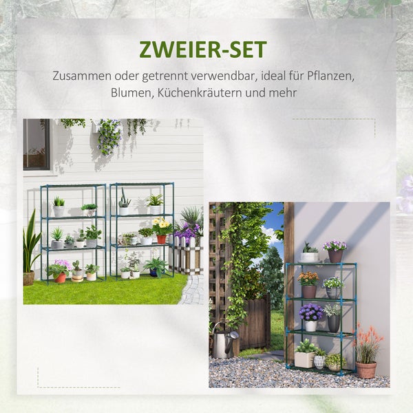 Zweiteiliges Set aus grünen Metall-Pflanzenregalen mit vier Ebenen, bestückt mit verschiedenen Topfpflanzen im Außenbereich.