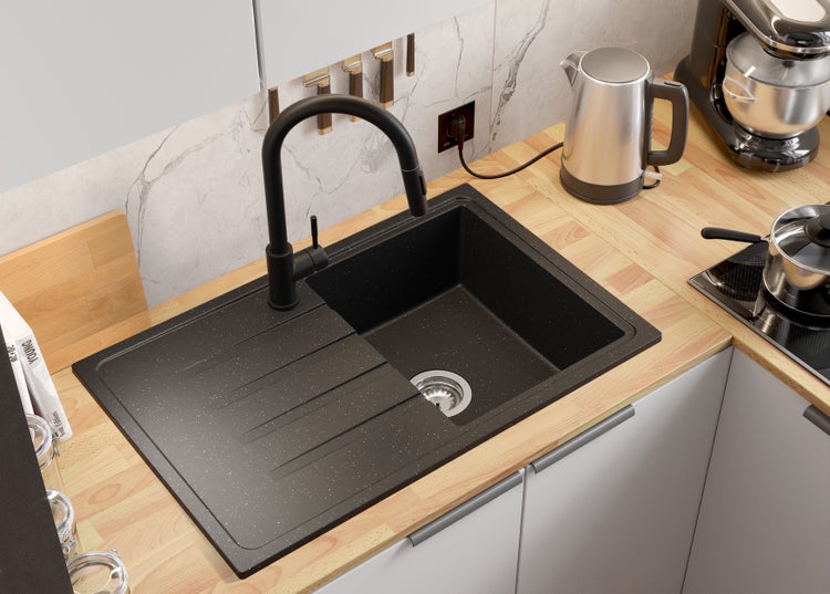 PRIMAGRAN Spülbecken Schwarz Metallic 78x50cm, Granitspüle 1 Becken + Ablauf-Set, Küchenspüle ab 45er Unterschrank - Mailand