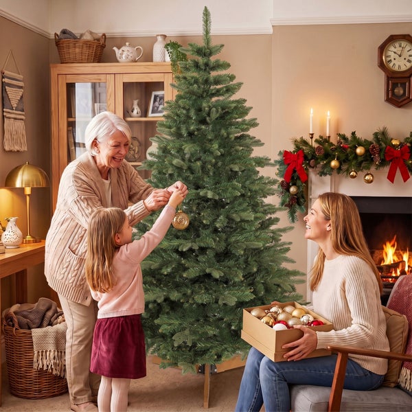 Familie schmückt gemeinsam einen künstlichen Weihnachtsbaum in einem gemütlichen Wohnzimmer mit Kamin und Weihnachtsdekoration.