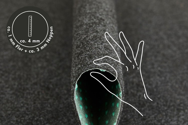 Bodenbelag mit circa 4 Millimeter Gesamthöhe, bestehend aus circa 1 Millimeter Flor und circa 3 Millimeter Noppen.