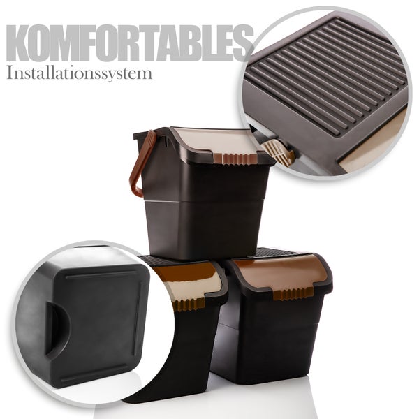 BigDean Mülltrennsystem 3x 28L Mülleimer in anthrazit mit Deckel in unterschiedlichen Farben – Abfalleimer Müllbehälter stapelbar – einfache Mülltrennung für Papier, Plastik und Biomüll