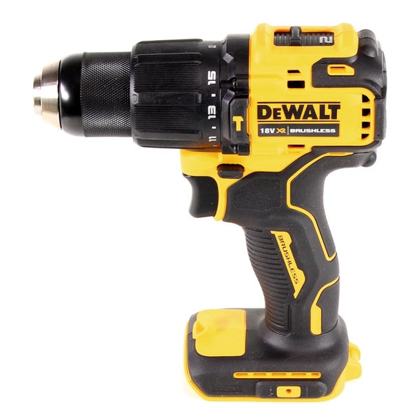 DeWalt Akku-Schlagbohrschrauber 18 Volt XR bürstenlos, Seitenansicht mit Schnellspannbohrfutter und Drehmomenteinstellung.