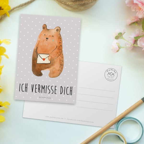 Mr. & Mrs. Panda Postkarte Bär Vermissen - Grau Pastell