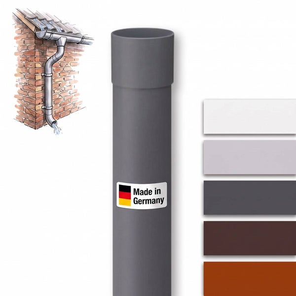 Fallrohr aus Kunststoff zur Dachentwässerung mit Made in Germany Kennzeichnung und Farbbeispielen.
