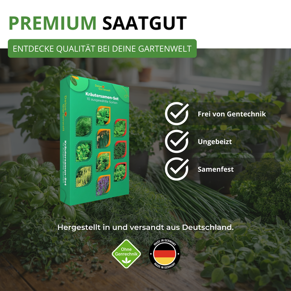 Kräutersamen-Set von Deine Gartenwelt mit zehn Sorten. Frei von Gentechnik, ungebeizt, samenfest und hergestellt in Deutschland.