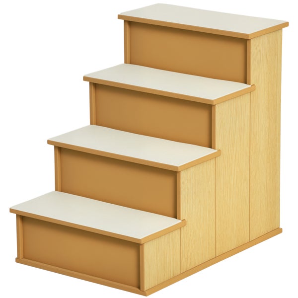 Stufenregal aus Holz mit vier Ebenen und hellen Trittflächen.