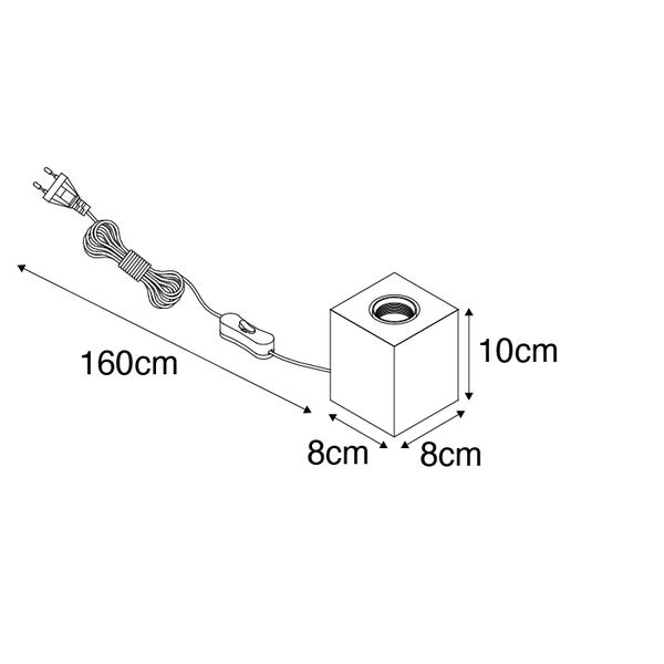 Technische Zeichnung einer Tischleuchte mit den Maßen 8 cm x 8 cm x 10 cm und einer Kabellänge von 160 cm.