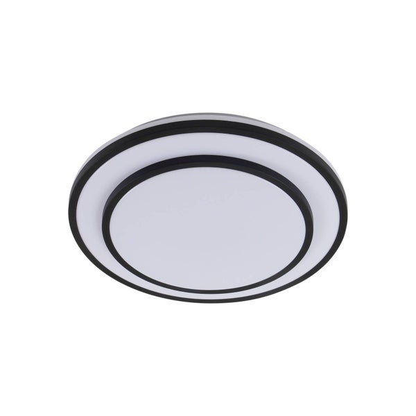 Runde LED-Deckenleuchte mit schwarzem Rand und konzentrischen Lichtringen.