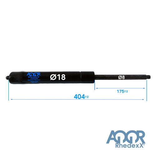 Gasdruckfeder Agor Rhedexx, Durchmesser 18 Millimeter, Kolbenstange 8 Millimeter, Gesamtlänge 404 Millimeter, Hub 175 Millimeter, Agor Rhedexx Logo.
