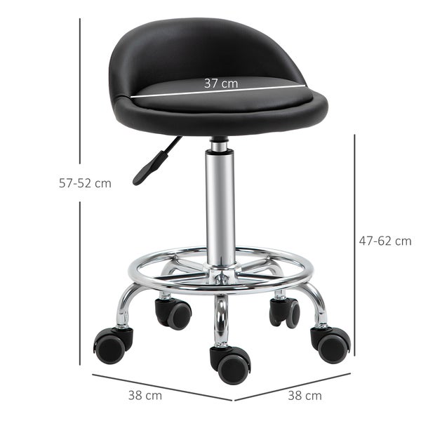 Höhenverstellbarer Rollhocker mit gepolsterter Sitzfläche, Rückenlehne und Fußring. Sitzbreite 37 Zentimeter, Sitzhöhe 47 bis 62 Zentimeter.