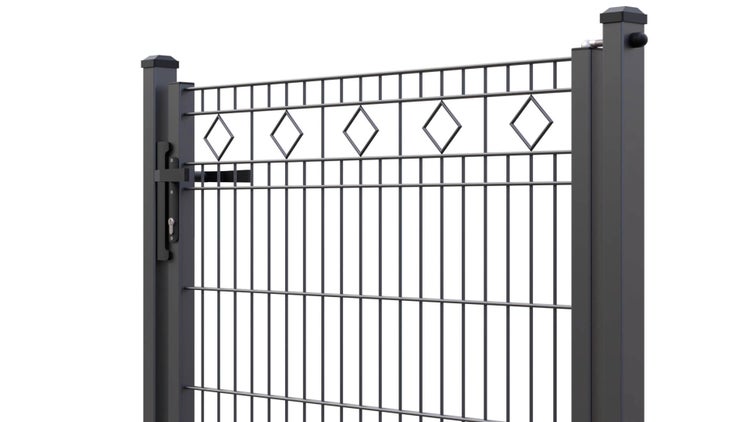 Gartentür ZAUNGURU ECO-Line Raute aus Metall, Höhe: 83cm, Breite: 143cm, 1-flügelig inkl. Pfosten, Locinox-Schloss und Zubehör, Feuerverzinkt und zusätzlich in RAL 7016 Anthrazitgrau pulverbeschichtet