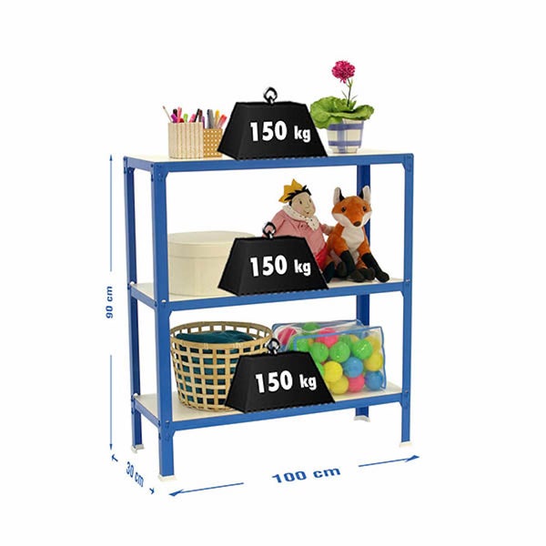 Blaues Metallregal mit 3 Fachböden, 90 Zentimeter hoch, 100 Zentimeter breit, 30 Zentimeter tief. Tragkraft pro Boden 150 Kilogramm.