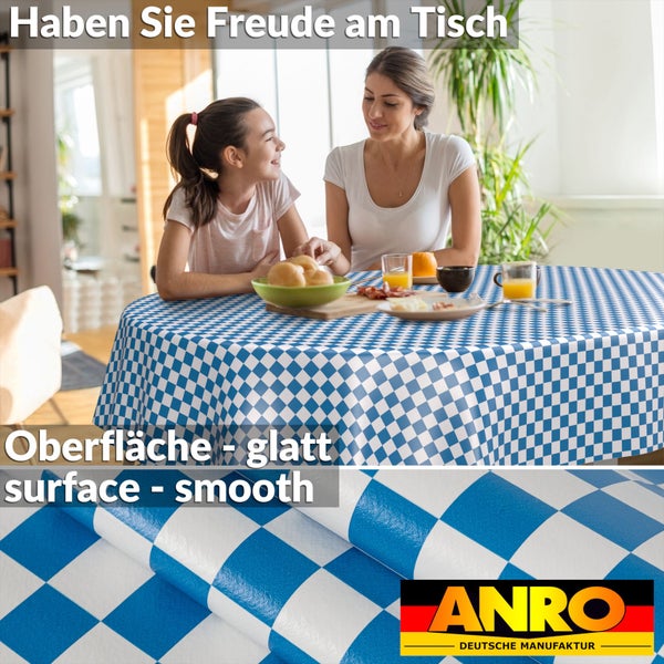 Hell gestalteter Raum mit einer Frau und einem Kind an einem runden Tisch mit blau-weiß karierter Tischdecke und glatter Oberfläche. ANRO Logo.