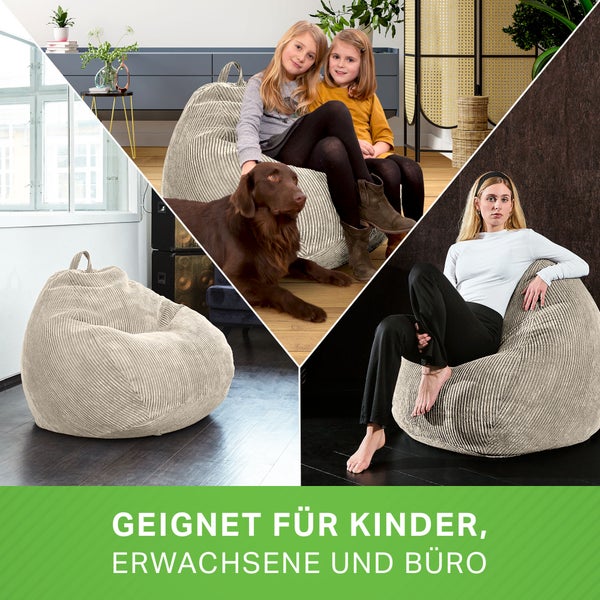 Collage: Sitzsack aus Cordstoff in verschiedenen Nutzungsszenarien.