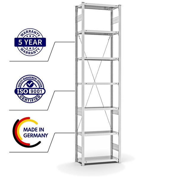 PROREGAL Fachbodenregal Stecksystem T-Profil Medium-Duty Grundregal HxBxT 300 x 75 x 30 cm 7 Ebenen Fachlast 220 kg Einseitig Nutzbar Lichtgrau