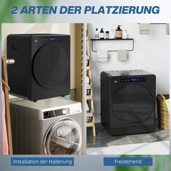 Zwei Arten der Platzierung für einen Wäschetrockner: Installation mit Halterung auf einer Waschmaschine und freistehend im Badezimmer.