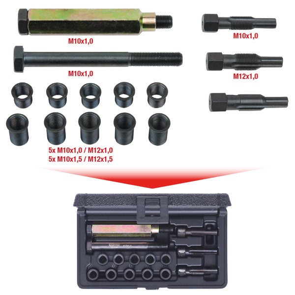 Werkzeugsatz mit M10x1,0 und M12x1,0 Gewindeeinsätzen in einem schwarzen Werkzeugkasten