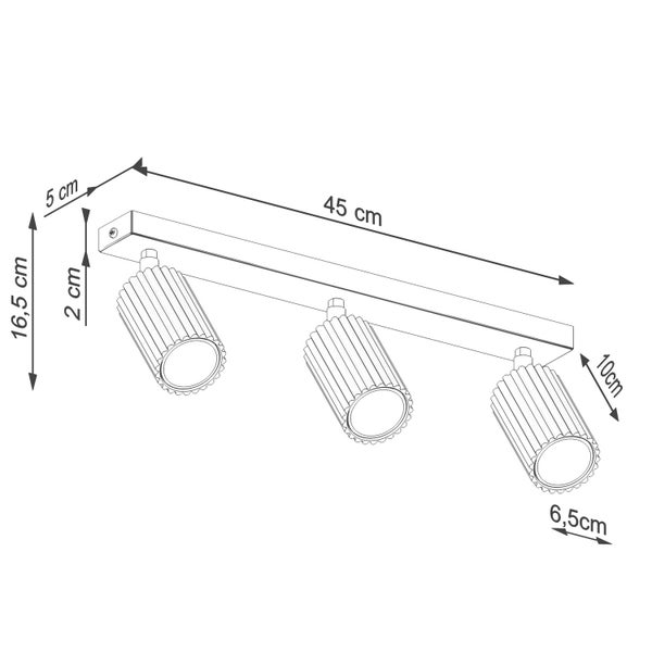 Technische Zeichnung einer Deckenleuchte mit drei Strahlern und Maßangaben.