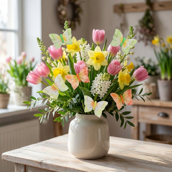 Osterstrauß mit Frühlingsblumen wie Tulpen, Narzissen und Hyazinthen in einer Keramikvase mit dekorativen Schmetterlingen auf dem Holztisch.