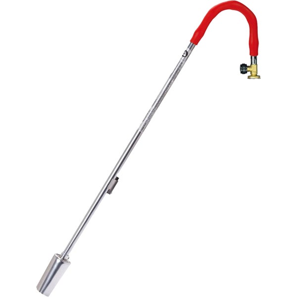Unkrautbrenner mit langem Metallschaft, rotem Griffbogen und Gasanschlussventil.