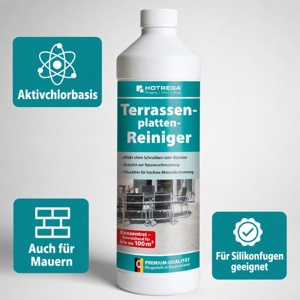 Hotrega Terrassenplattenreiniger Konzentrat auf Aktivchlorbasis zur Reinigung von Terrassen und Mauern.