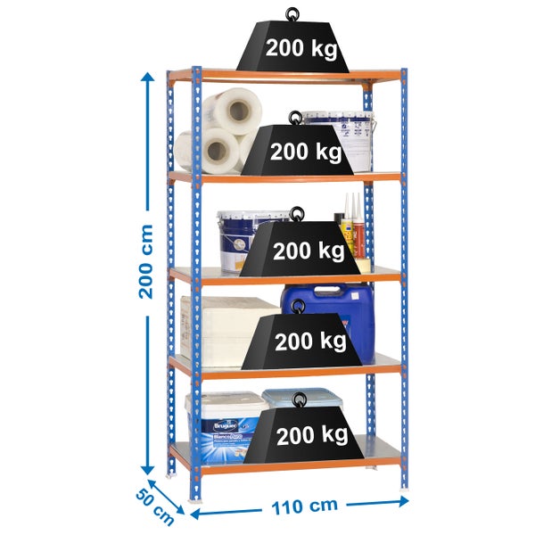 Schwerlastregal BIG METAL SHARK | HxBxT 200x110x50cm | Fachlast 200kg | Blau-Orange