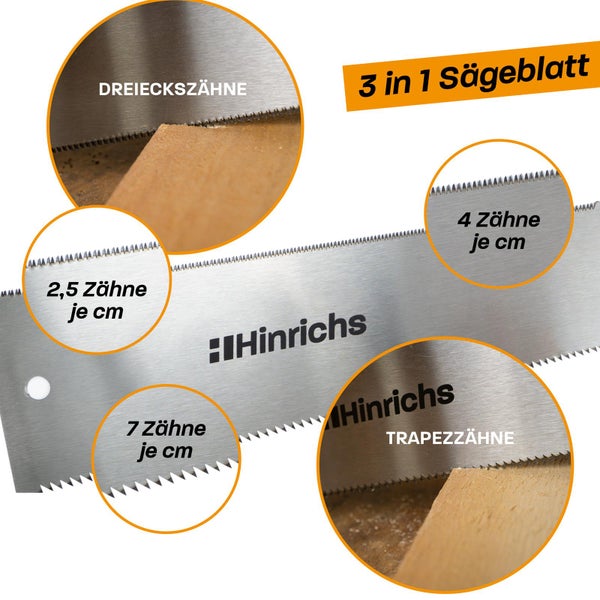 Hinrichs 3 in 1 Sägeblatt mit Dreieckszähnen und Trapezzähnen sowie Zahnungen von 2,5, 4 und 7 Zähnen pro Zentimeter.