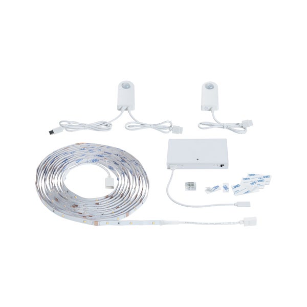 LED Streifen Set mit LED Band Rolle, zwei Bewegungsmeldern, Steuerung, Klebepads und Verbindungskabeln.