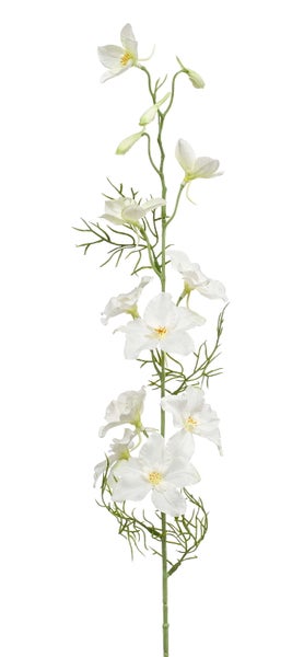 Künstlicher Rittersporn mit weißen Blüten, grünem Stiel und feinen Blättern zur Dekoration.