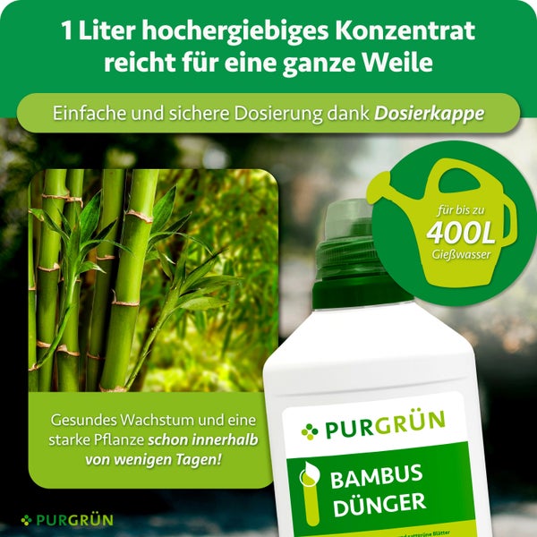 Purgrün Bambus Dünger Konzentrat in der 1 Liter Flasche für gesundes Wachstum und starke Pflanzen mit Dosierkappe für 400 Liter Gießwasser.