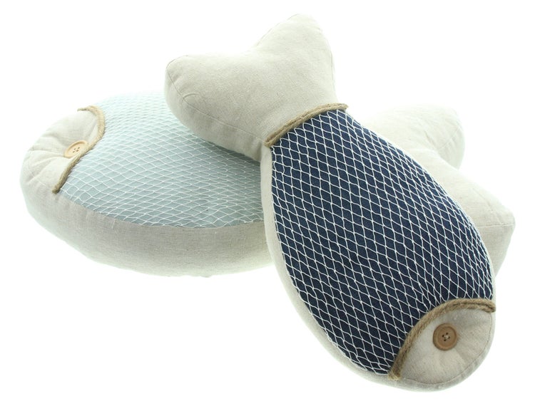 FRANK FLECHTWAREN | Dekokissen Fisch, 2er Set, LEINEN, POLYESTER, TEXTIL, JUTE, 36 x 5 x 26 cm, 50 x 12 x 15 cm