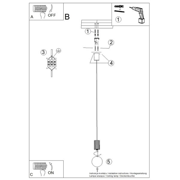 Montageanleitung für eine Deckenleuchte mit Schritten zur Deckenbefestigung und zum elektrischen Anschluss.