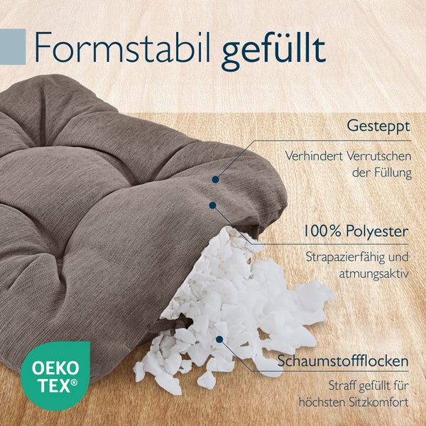 Detailansicht eines formstabilen, gesteppten Stuhlkissens mit Polyesterfüllung und Oeko-Tex Siegel