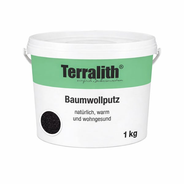 Terralith Baumwollputz im 1 Kilogramm Eimer für die Wandgestaltung mit schwarzer Textur.