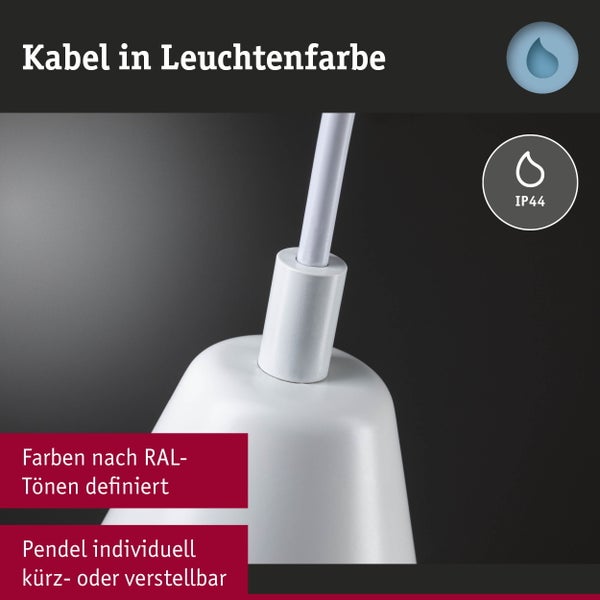Nahaufnahme einer Pendelleuchte mit farblich abgestimmtem Kabel, spritzwassergeschützt und individuell verstellbarer Pendellänge.