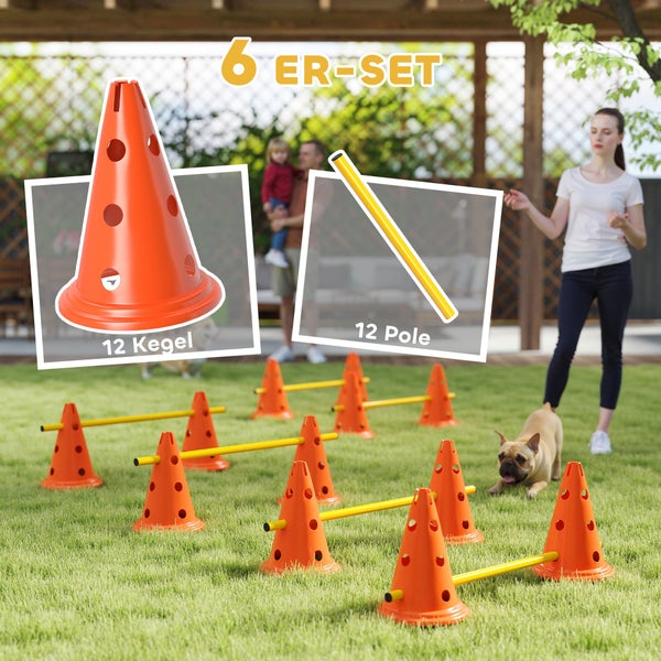 Hundespielzeug-Set mit orangefarbenen Kegeln und gelben Stangen für Agility-Training im Freien