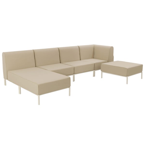 Modulares Lounge-Sofa für den Außenbereich in Beige mit Metallgestell und Hocker.