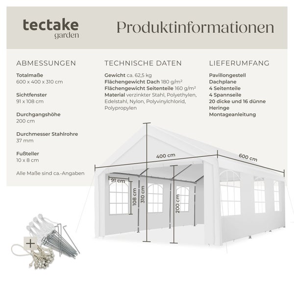 Produktinformationen zum tectake Gartenpavillon mit Maßen 600 mal 400 mal 310 Zentimeter, technischen Daten und Lieferumfang.