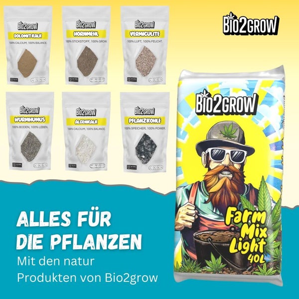 Verschiedene Bio2grow Produkte wie Dolomitkalk, Hornmehl, Vermiculit, Wurmhumus, Alcenkalk, Pflanzenkohle und Farm Mix Light Pflanzenerde