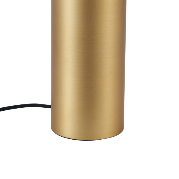 Zylindrischer Lampenfuss aus gebürstetem goldfarbenem Metall mit schwarzem Kabel.