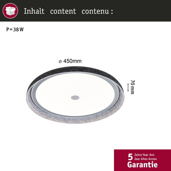 Runde Deckenleuchte mit Filzrand, Durchmesser 450 Millimeter, Höhe 70 Millimeter, Leistung 38 Watt, 5 Jahre Garantie.