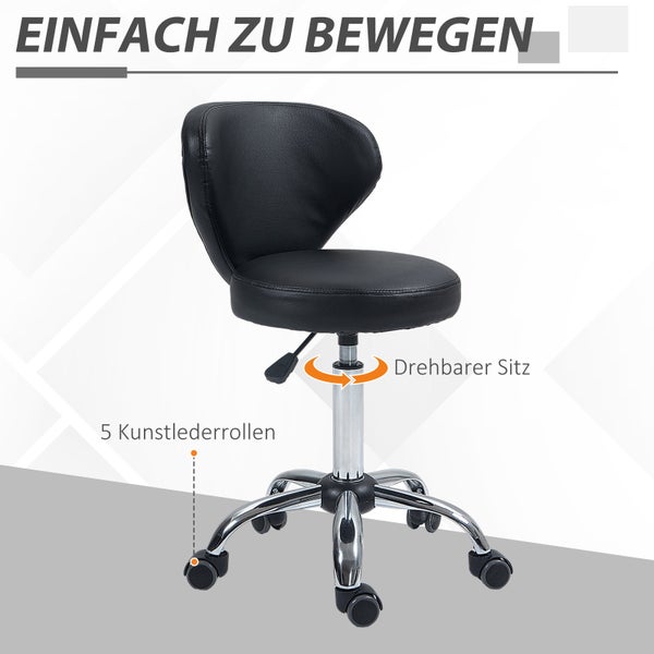 HOMCOM Rollhocker höhenverstellbar 73-88 cm Drehhocker mit Rückenlehne Rädern 360° drehbar Arbeitshocker Bürohocker Hocker für Massage Büro Salon Spa Schwarz