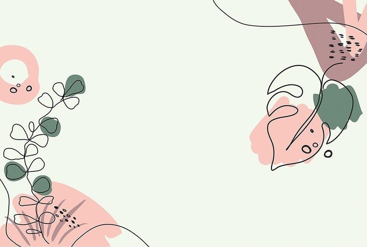 Moderne Tapete mit botanischem Muster, Linienzeichnungen von Blättern und abstrakten organischen Formen im minimalistischen Design.