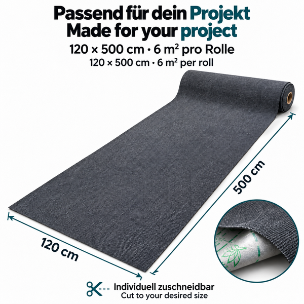 Eine Rolle mit strukturierter Matte, Maße 120 mal 500 Zentimeter, 6 Quadratmeter, individuell zuschneidbar.