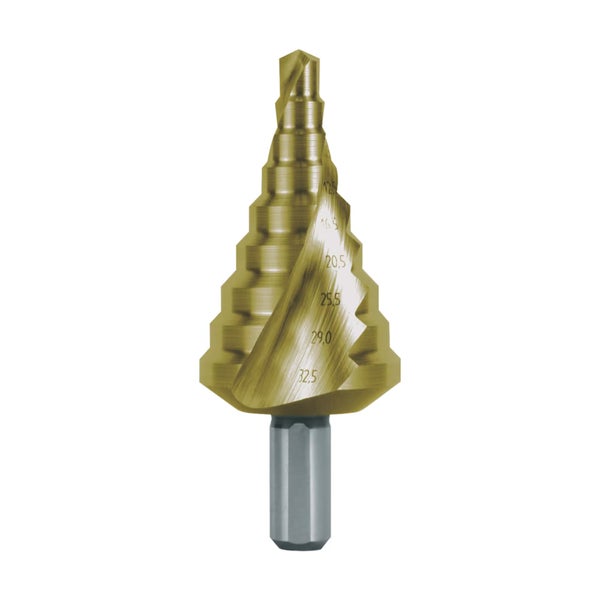 Stufenbohrer aus HSS mit TiN-Beschichtung und Sechskantschaft, Größenmarkierungen von 12,5 bis 32,5 Millimeter.