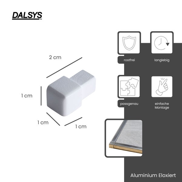 Dalsys Logo. Außenecke aus eloxiertem Aluminium, 1 Zentimeter mal 1 Zentimeter mal 2 Zentimeter. Rostfrei, langlebig, passgenau, einfache Montage.