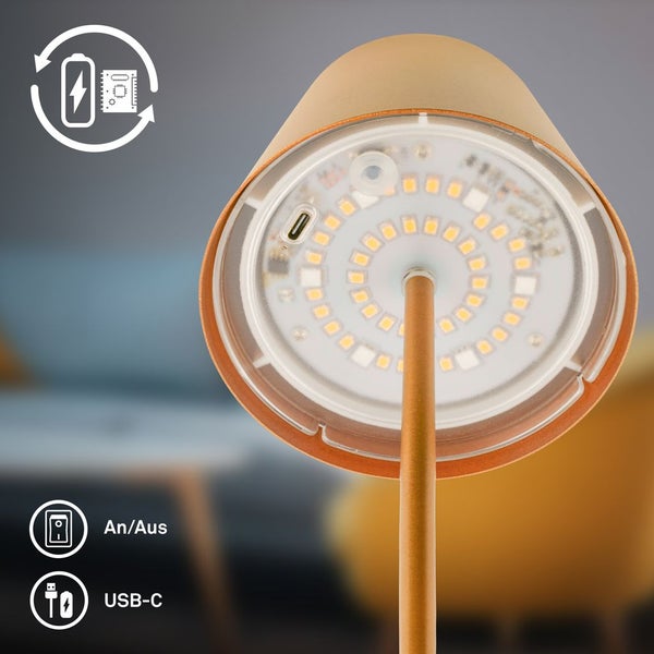 Briloner Calida 3 in 1 RGBW LED Tischlampe kabellos IP44, Dimmbar, Touch, Höhenverstellbar, Spritzwasserschutz, Goldfarbig, 36 x Ø10,5 cm