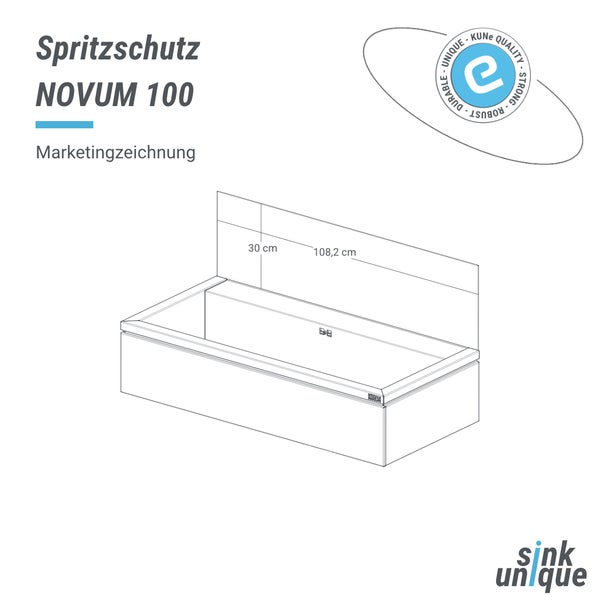 Novum 100 Spülbeckenspritzschutz als Marketingzeichnung mit Maßangaben