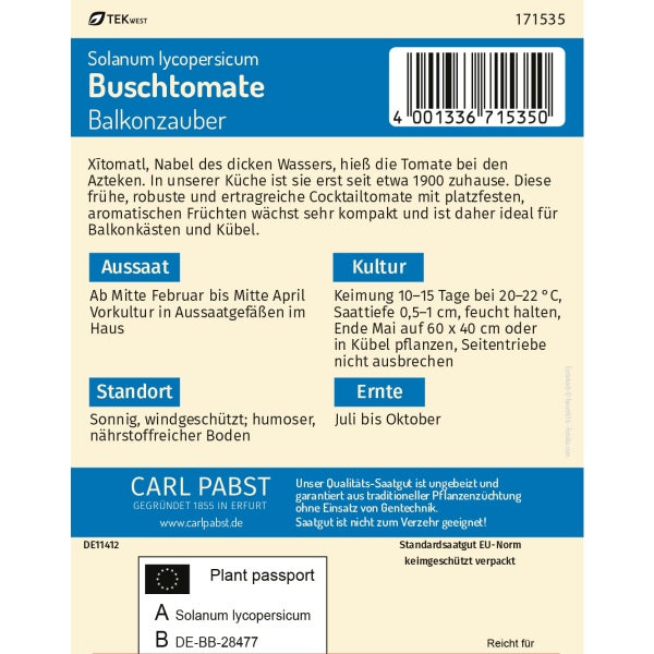 Buschtomate früh & robust Balkonzauber Samen von Pabst Keimkraft
