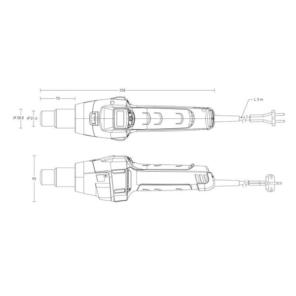 Technische Zeichnung eines Heißluftgebläses mit Abmessungen: Länge 358 Millimeter, Höhe 95 Millimeter und einer Kabellänge von 3 Metern.